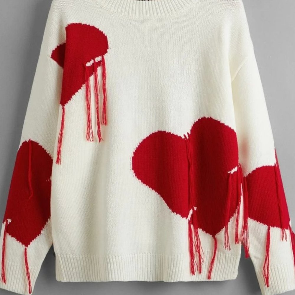 Heart Pattern Drop Shoulder Fringe Trim Sweater